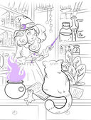 Очаровательная ведьма и её котик. Раскраска — фото, картинка — 4