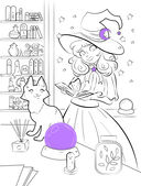 Очаровательная ведьма и её котик. Раскраска — фото, картинка — 8